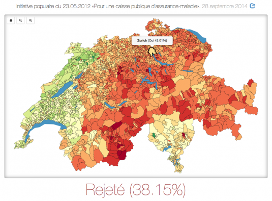 Chaque commune de la carte peut être cliquée pour afficher des détails la concernant. Les résultats sont disponibles à partir de 1981 et sont mis à jour aussitôt que la Confédération les publie.